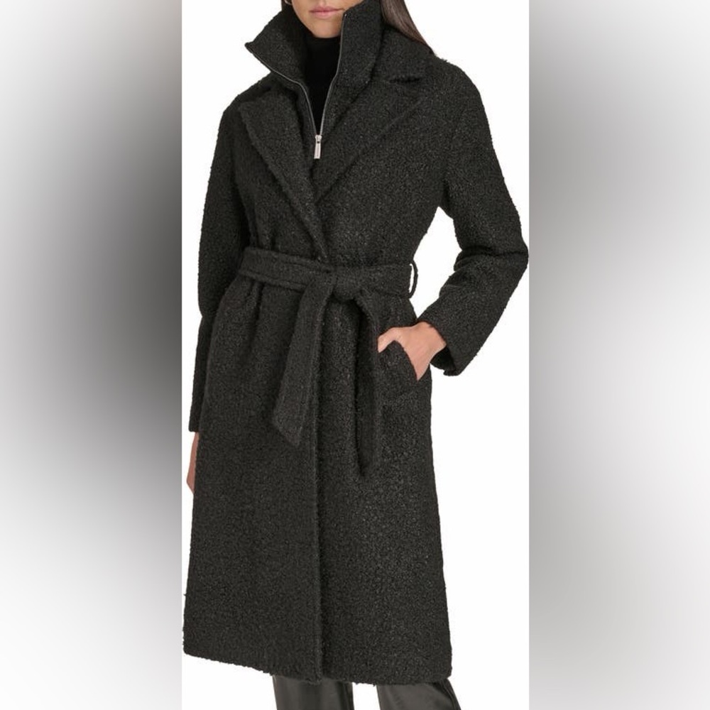 Calvin Klein Black Faux Shearling Boucle Belted Overcoat With Zip Bib Sz M